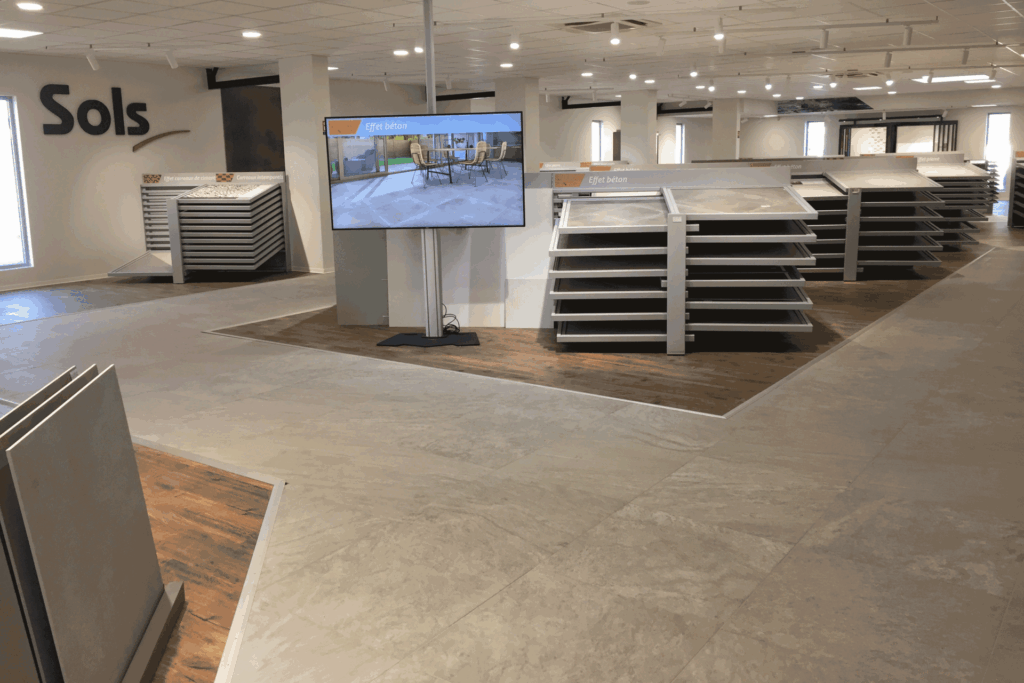 Salle expo présentoirs coulissants carrelage